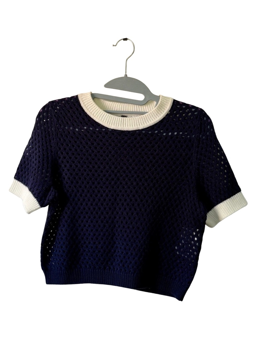 Divided Navy Blue Open Crochet Crop Top with White Trim